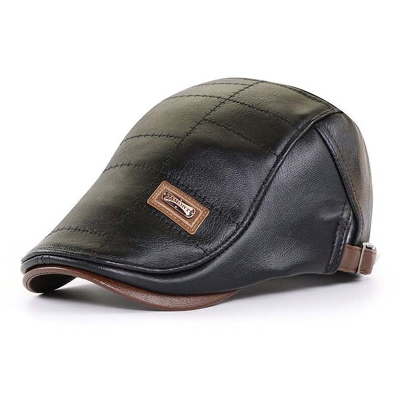 Gorros de cuero sintético para hombre, Boina a prueba de viento, plana, con correa lateral cálida, Boina Masculina: Black style1