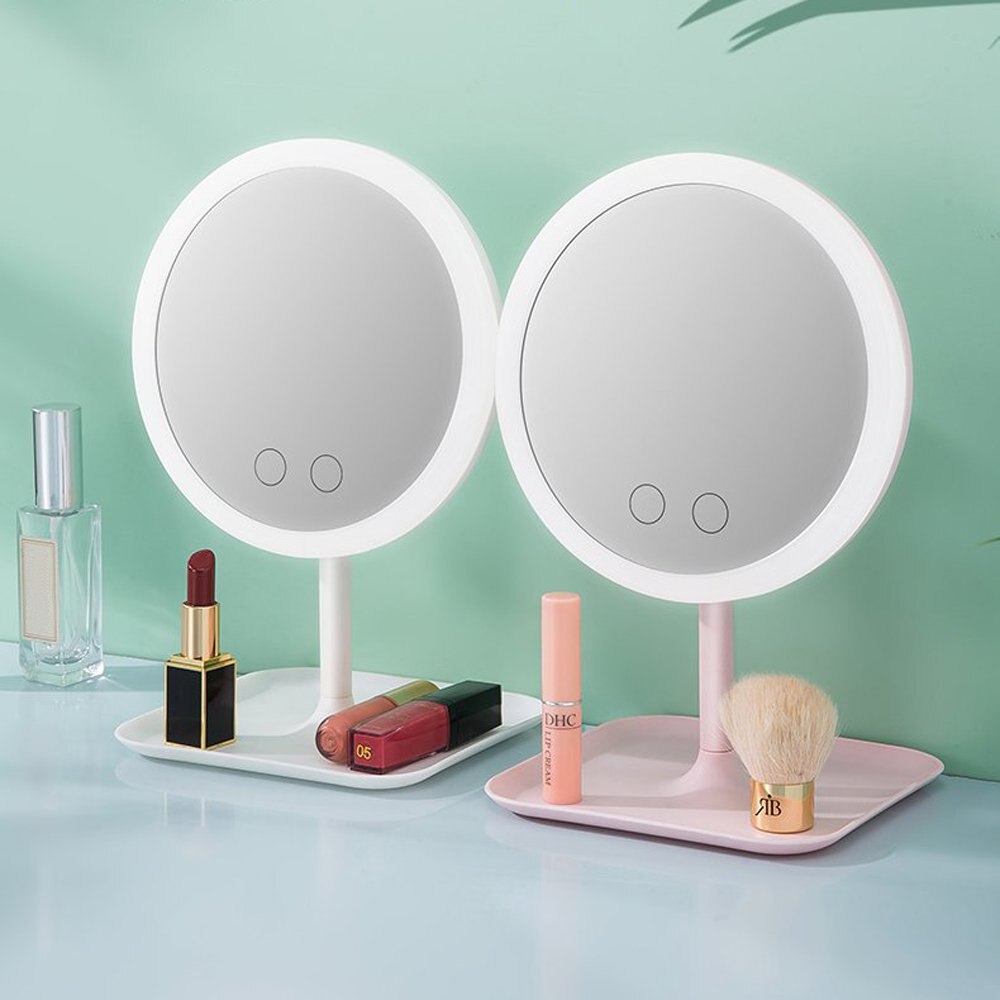 Espejo LED de sobremesa para maquillaje ligero, espejo con luz de relleno, espejo de belleza portátil inteligente con pantalla táctil opcional, brillo, carga USB