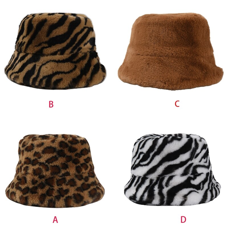Dames vintage luipaard zebra print bucket hat winter fuzzy pluche visserspet 28gd