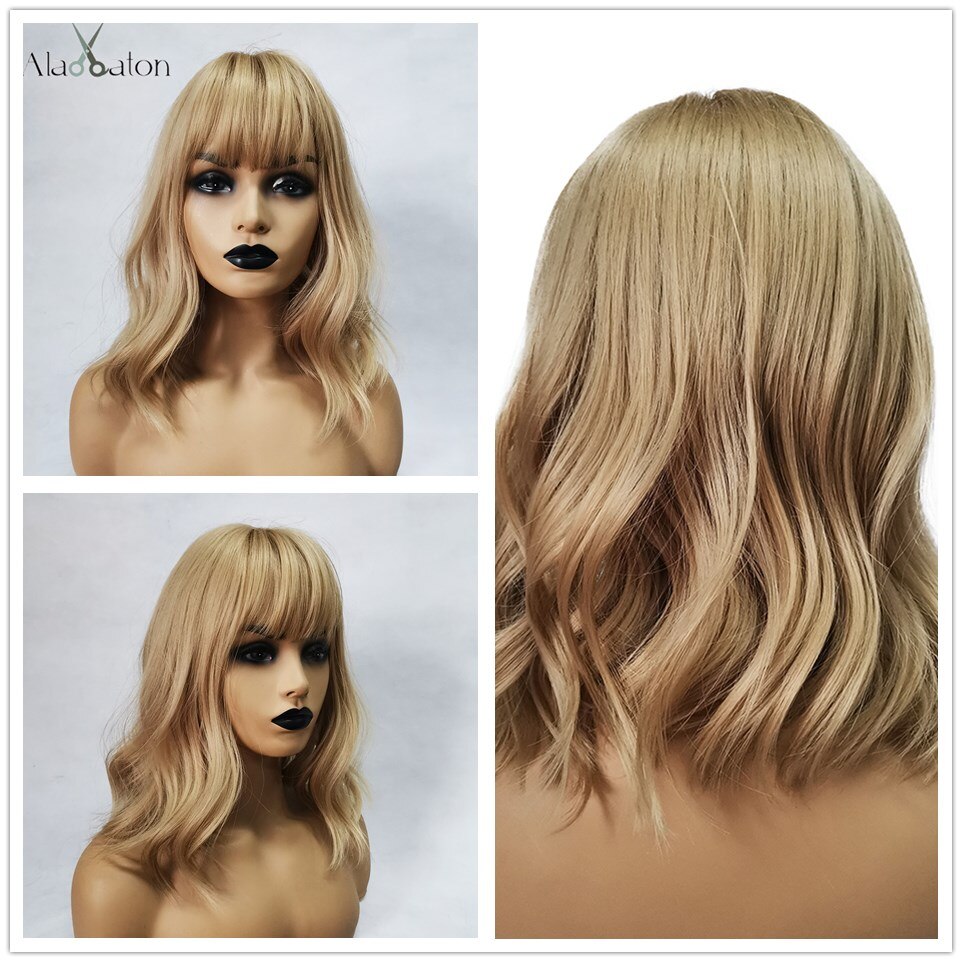 ALAN EATON Short Straight Ombre Black Brown Synthetic Wigs with Bangs for Women Bob Wig Heat Resistant Lolita Cosplay wig 12inc