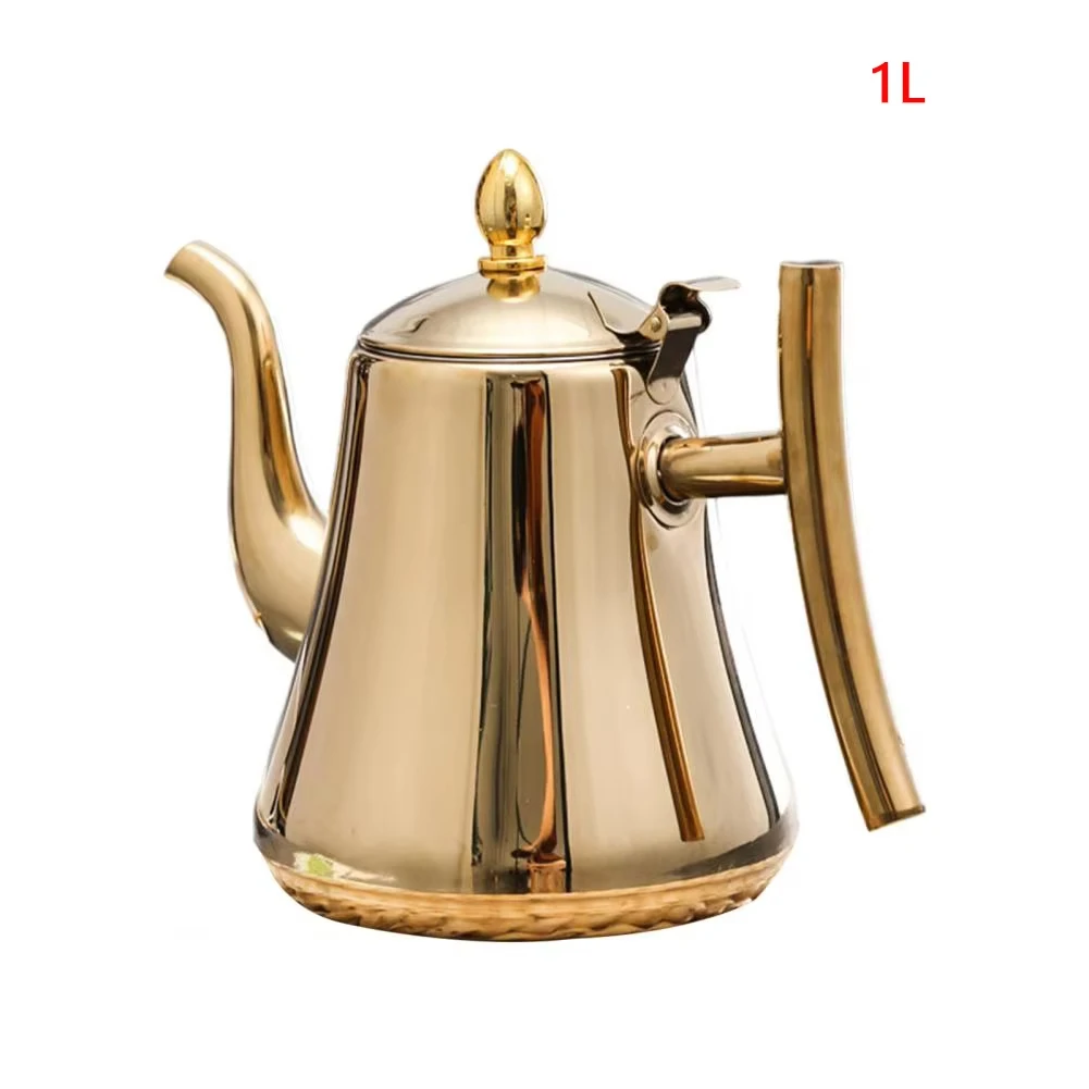 1.0L/1.5L/2.0L Thickened Stainless Steel Teapot Hotel Restaurant Household Induction Cooking Flower Tea Pot: Gold