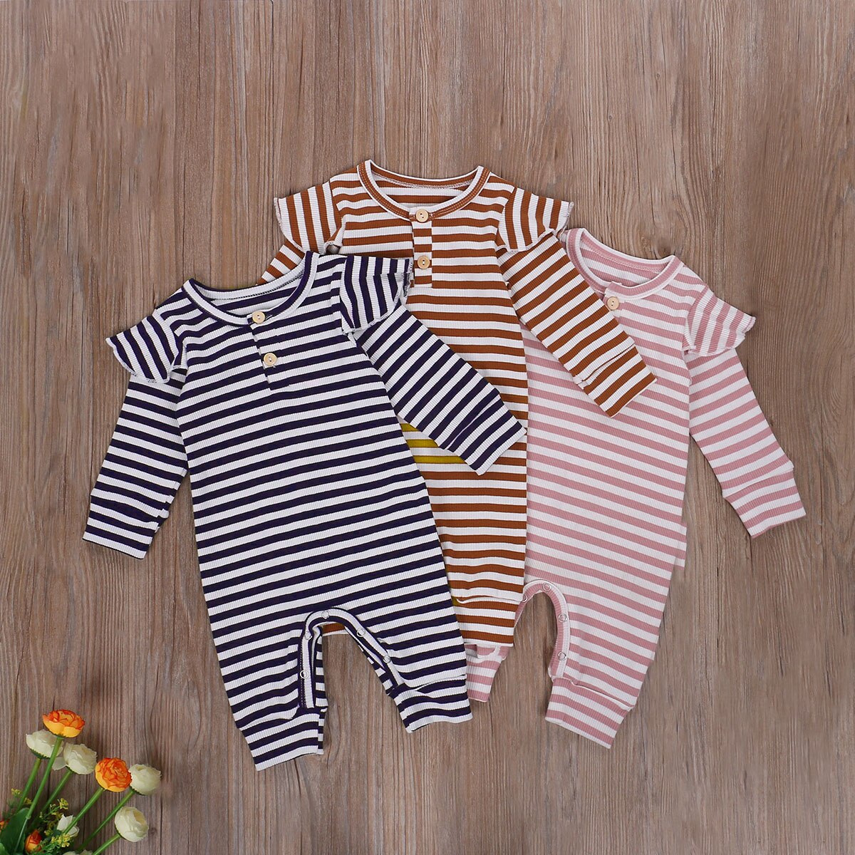 Baby jongens gestreepte outfits lente ruches mouw een stuk jumpsuit herfstkleding