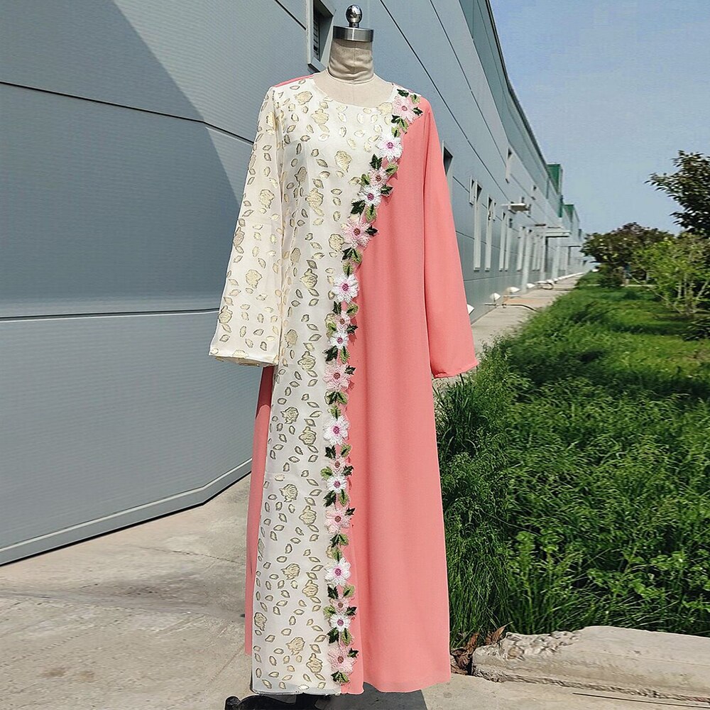 Dubai kjole beskjeden søt oransje rosa blomster broderi langermet arabiske muslimske kjoler oman uformelt abayas kaftan