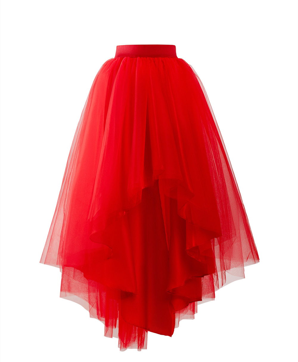 MisShow Gothic Punk Hi-Lo Tulle Maxi Women Skirt Elastic Waist High Low Mesh Net Costume Party Prom Cocktail Long Tutu Dress: Red