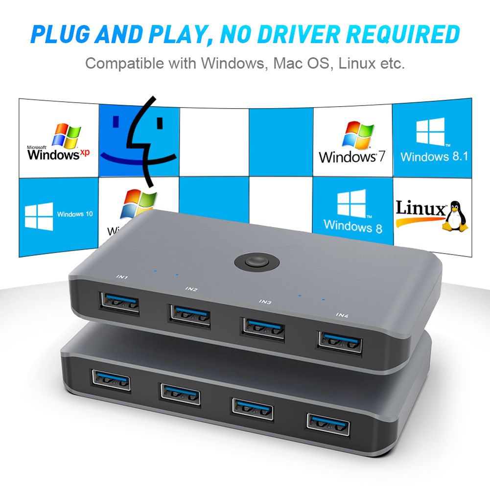 4 Ports KVM USB Switch Printer Monitor 4 In 4 Out Extender Splitter Box 4 PCs Sharing 4 Devices USB 2.0 Extender Splitter Box