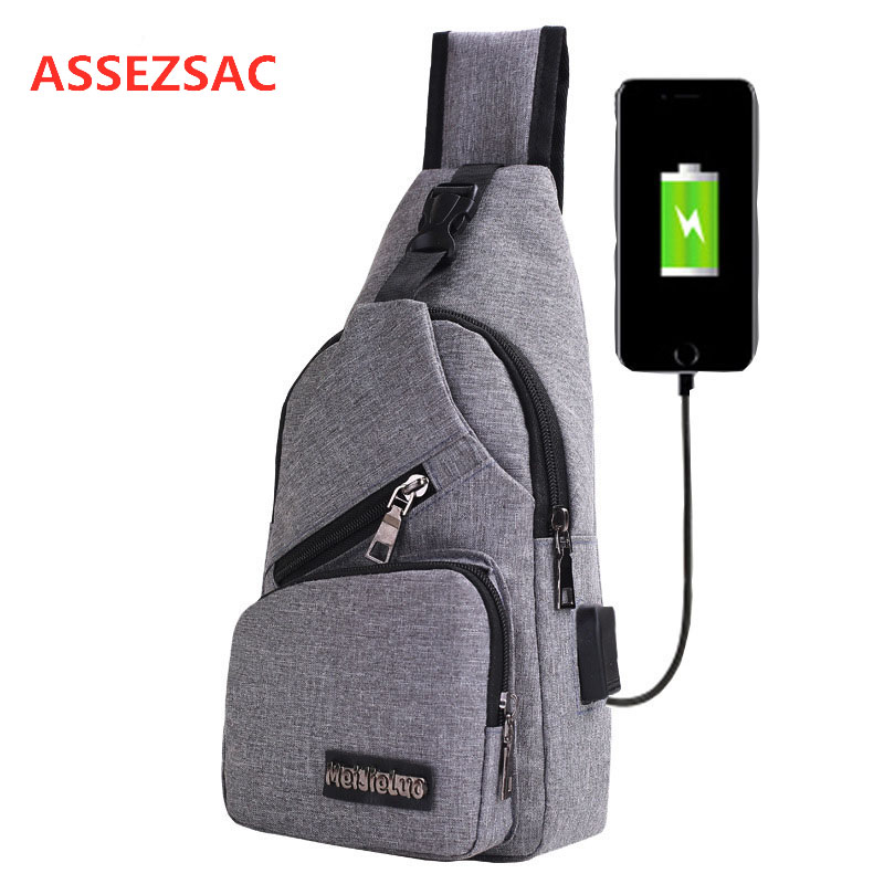 ASSEZSAC trou de chargement USB hommes femmes casual toile sac de poitrine unisexe sac à bandoulière sac Messenger sac Corssbody