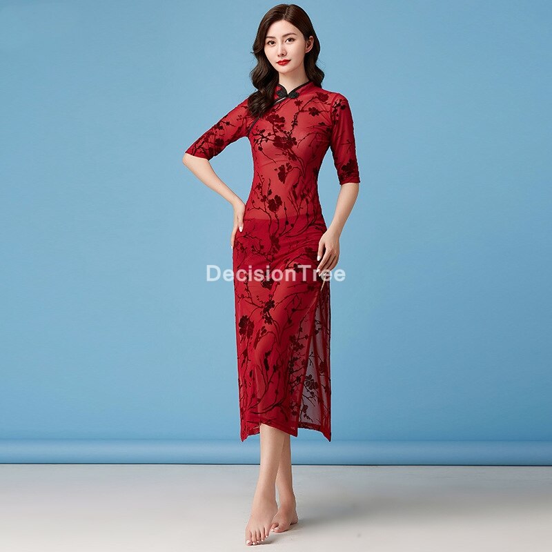 Vestidos de Boda China tradicional para mujer, vestido oriental clásico cheongsam largo qipao chino baile qipao: color1 / L