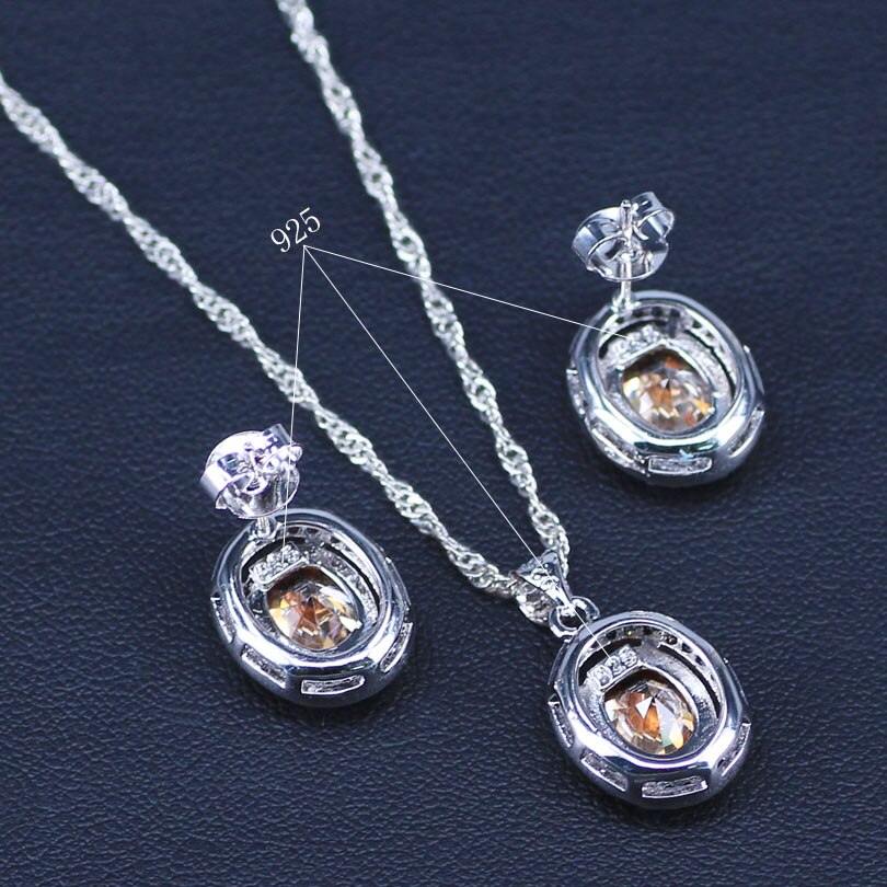 Champagne Zirkoon Vrouwen Bridal Zilver Kleur Sieraden Sets Earring Met Witte Stenen Hangers &amp; Kettingen/Ringen Set Geschenkdoos