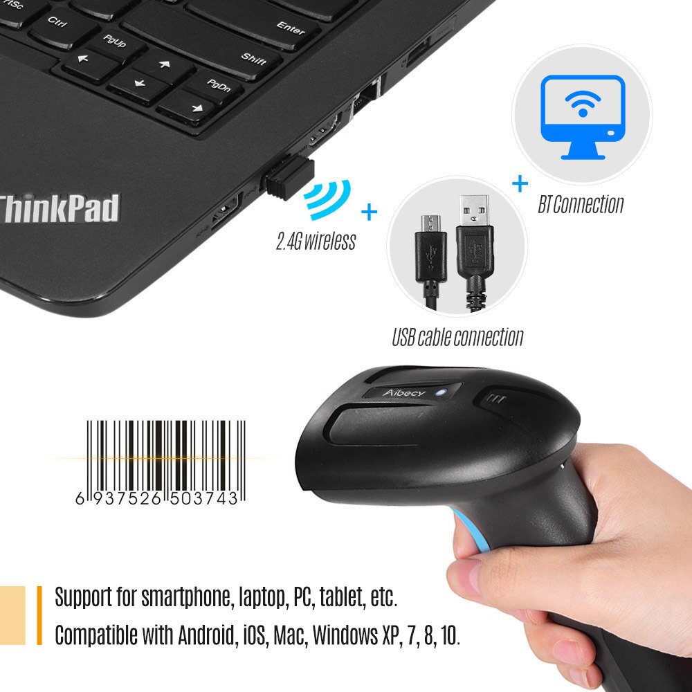 Aibecy Handheld 3-in-1 Barcode Scanner BT&2.4G Wireless & Wired 1D 2D Bar Code Reader with Receiver USB Cable for Mobile Payment