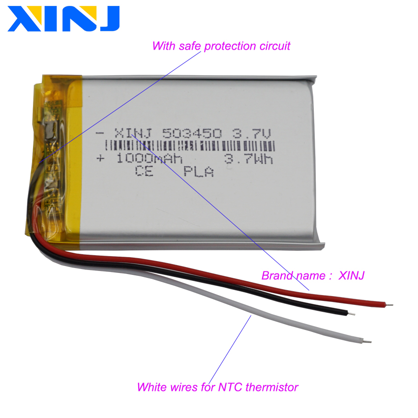 3.7V 1000mAh 3.7Wh Termistor 3-przewodowy akumulator litowo-polimerowy Li 503450 Głośnik Bluetooth do odtwarzacza muzycznego