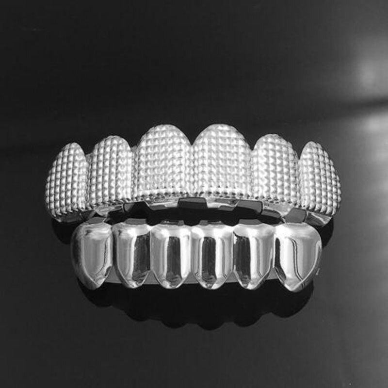 Hip hop masculino 6 topo & inferior ouro cor prata falso metal dentes grillz conjunto colisão treliça grades dentárias para o corpo feminino jóias