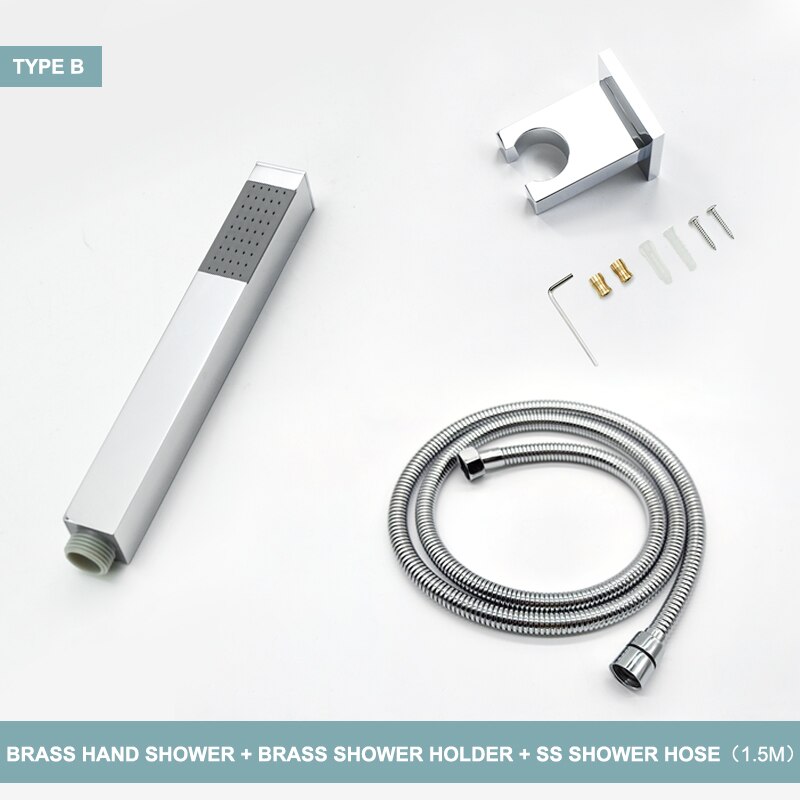 Handheld Shower Head Water Saving Chrome Plating Bathroom Rainfall Brass Square High Pressure Hand Shower Head Sprayer Holder: B Whole Set