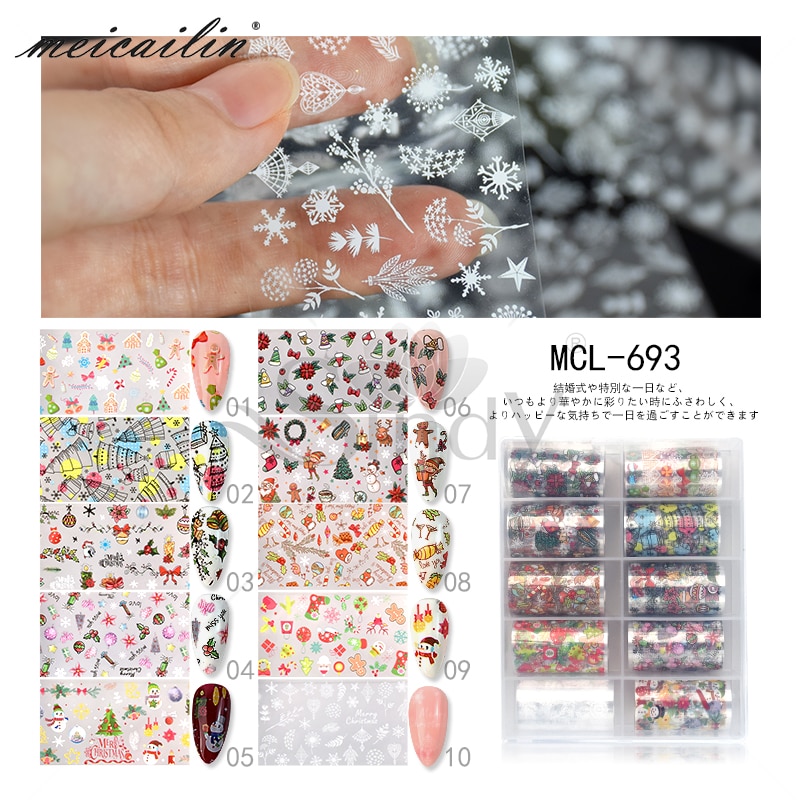 10 stks/set Japanse Kerstman Mix Stijl Nail Art Transfer Folie Kerst Ontwerpen Nail Stickers Decals Wraps Decoratie Manicure