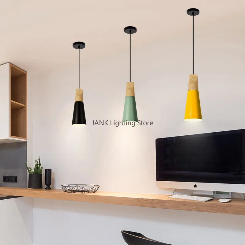 Tre, jern, flere typer pendellamper til spisestue, kjøkkenøy, stue, ledet-lampe, loft, hengende makaron-belysning