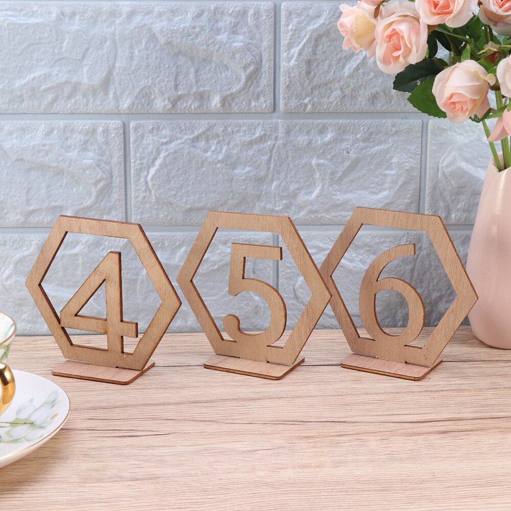 20 piezas 1-20 asiento número de madera hexagonal número de asiento de boda, números de mesa de madera decoración hueco-Número de tabla de madera de decoración