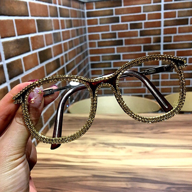 Nærsynethed hypermetropi kvinder solbriller vintage klar linse briller dame luksus rhinestone dekoration solbriller mænd optisk: 1811 guld