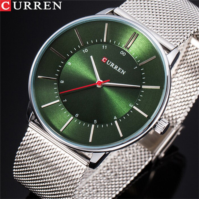 CURREN de lujo para hombre, relojes casuales impermeables de acero inoxidable, reloj de pulsera deportivo de cuarzo para hombre, reloj masculino: silver green