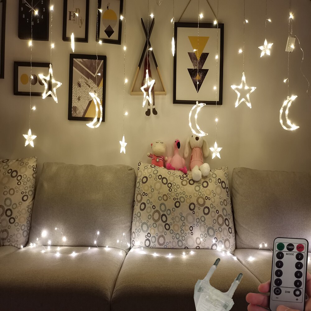 Guirlande lumineuse LED pour rideau de fées, en forme d'étoile, de lune, pour noël, pour la maison, pour une fête de mariage, pour le jardin, avec piles AA: Warm EU 220v Remote