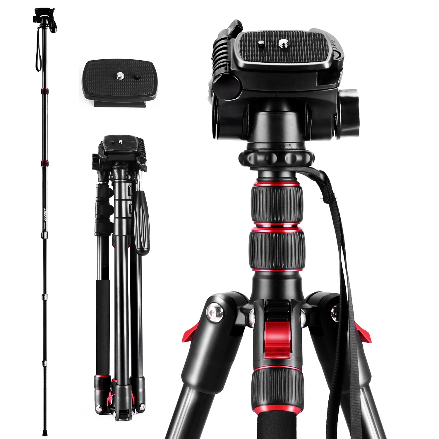 2-in-1 mini Camera Tripod Monopod Stand Aluminium Alloy Rotatable Ball Head 2m Max. Height 5kg Load Capacity with Carry Bag/DSLR