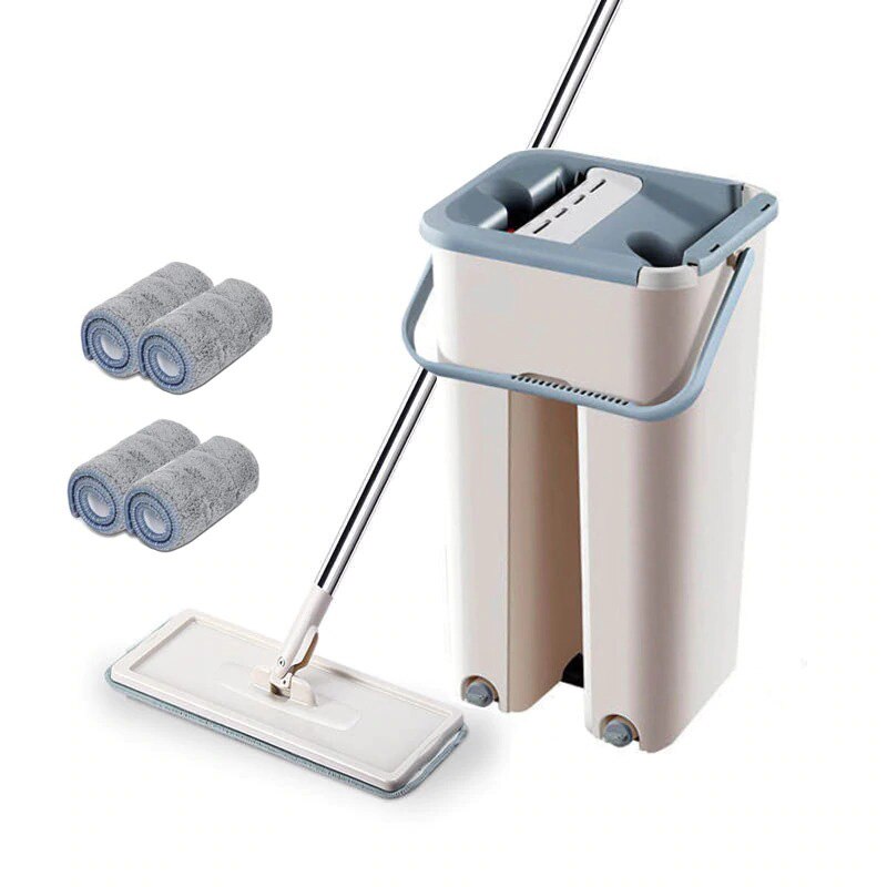 Free Hand Mop Flat Squeeze Magic Microfiber Cleaning Mops with Bucket Magic Automatic Home Kitchen Floor Cleaner: With 4pcs cloth
