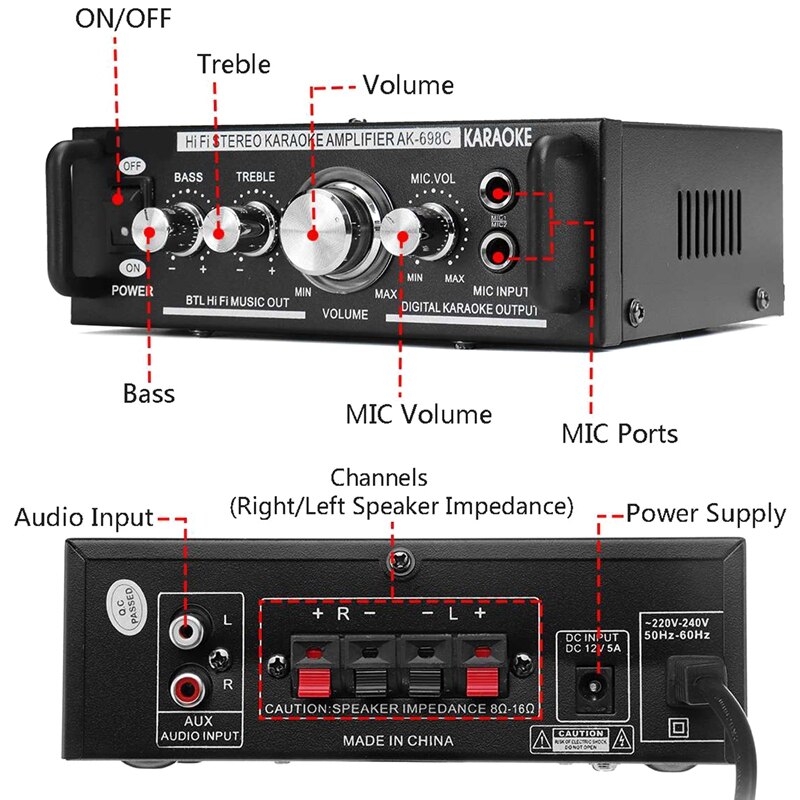 12V/220V 600W 2 Mic głośnik stereofoniczny mini samochód Dom gitara basowa wzmacniacz mocy HiFi MP3 Wzmacniacz AK-698C ue wtyczka