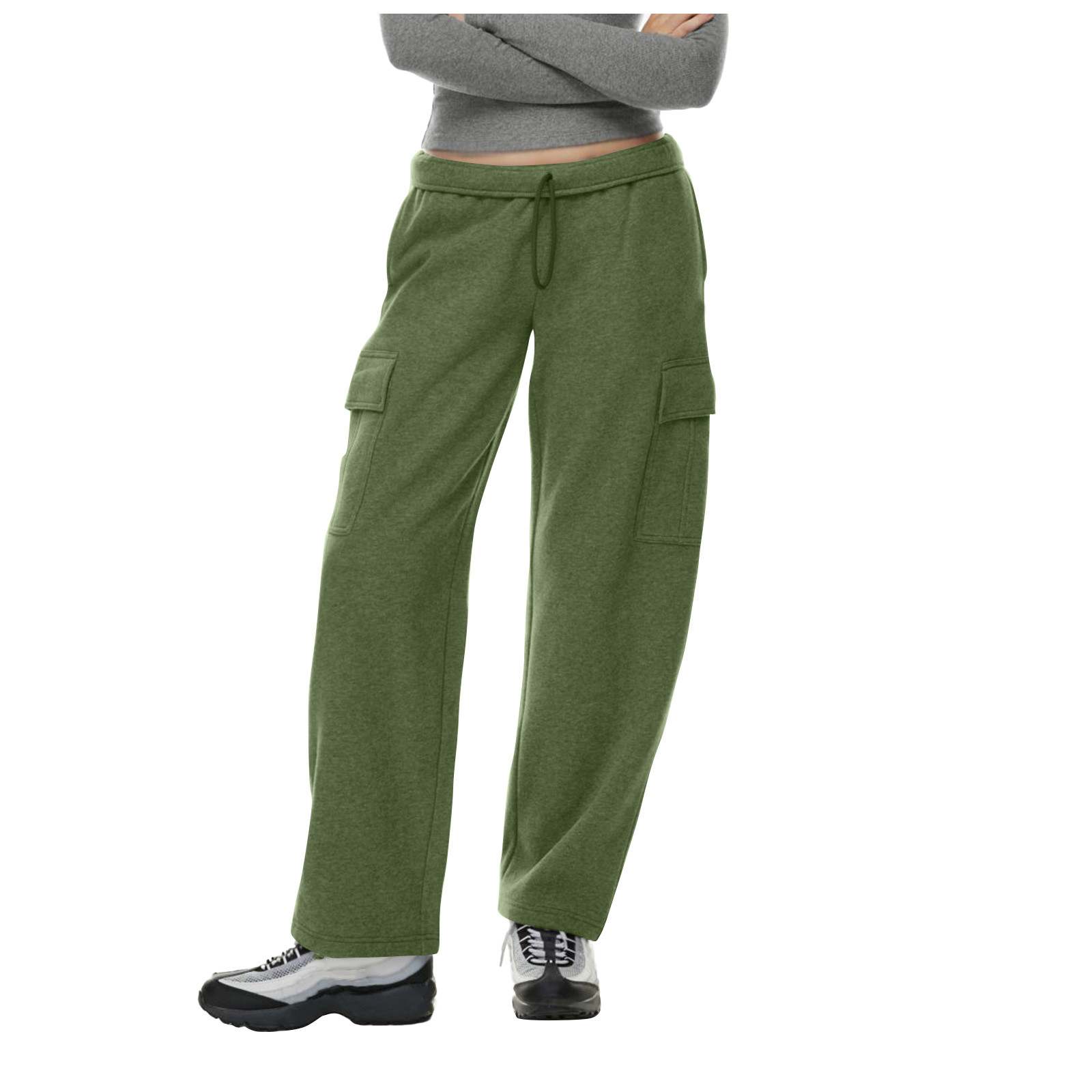 Dame joggingbukser med lige ben, løse, baggy bukser, højtaljede joggingbukser med lommer: Xl / Militærgrøn