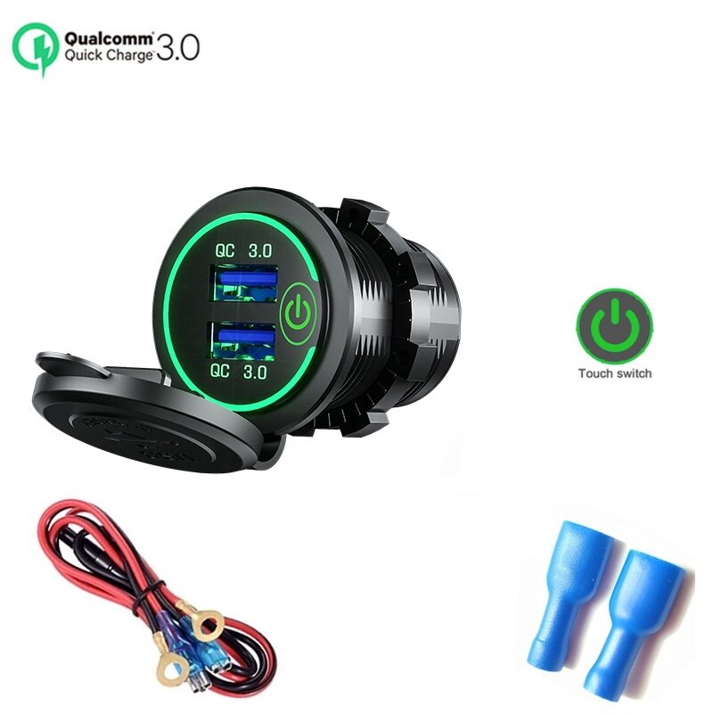 12v/24v 2 charger socket touch switch waterproof universal car truck 36w qc 3,0 plug for phone tablet camera gps: Green-line-standard