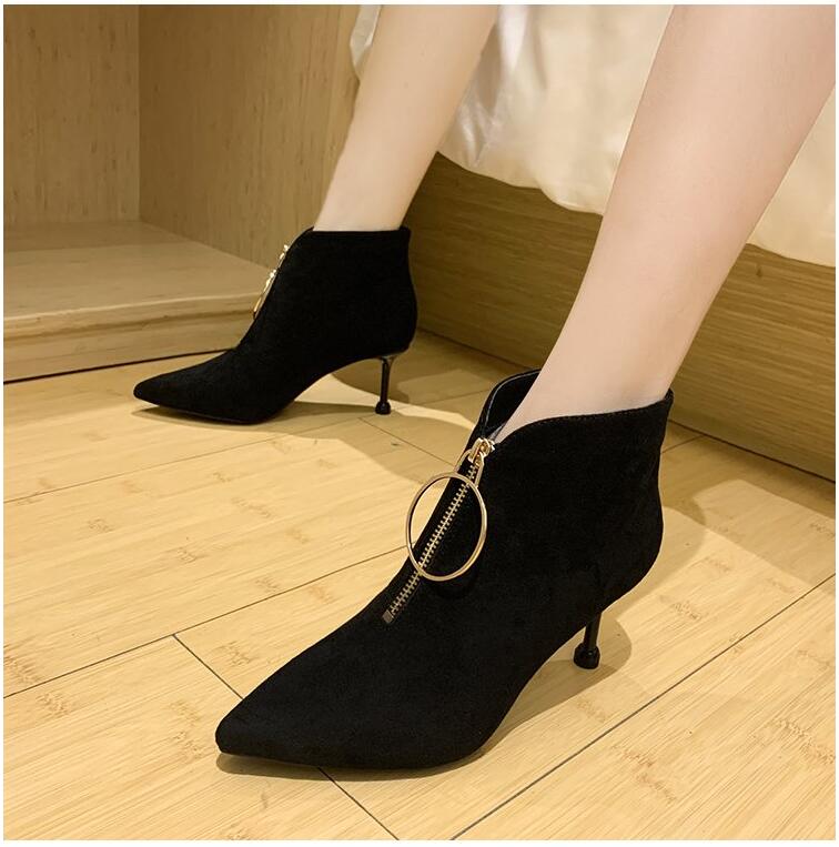 Women Boots Casual Leather Low High Heels Spring Shoe Woman Pointed Toe Rubber Ankle Boots Black Zapatos Mujer Warm Boot
