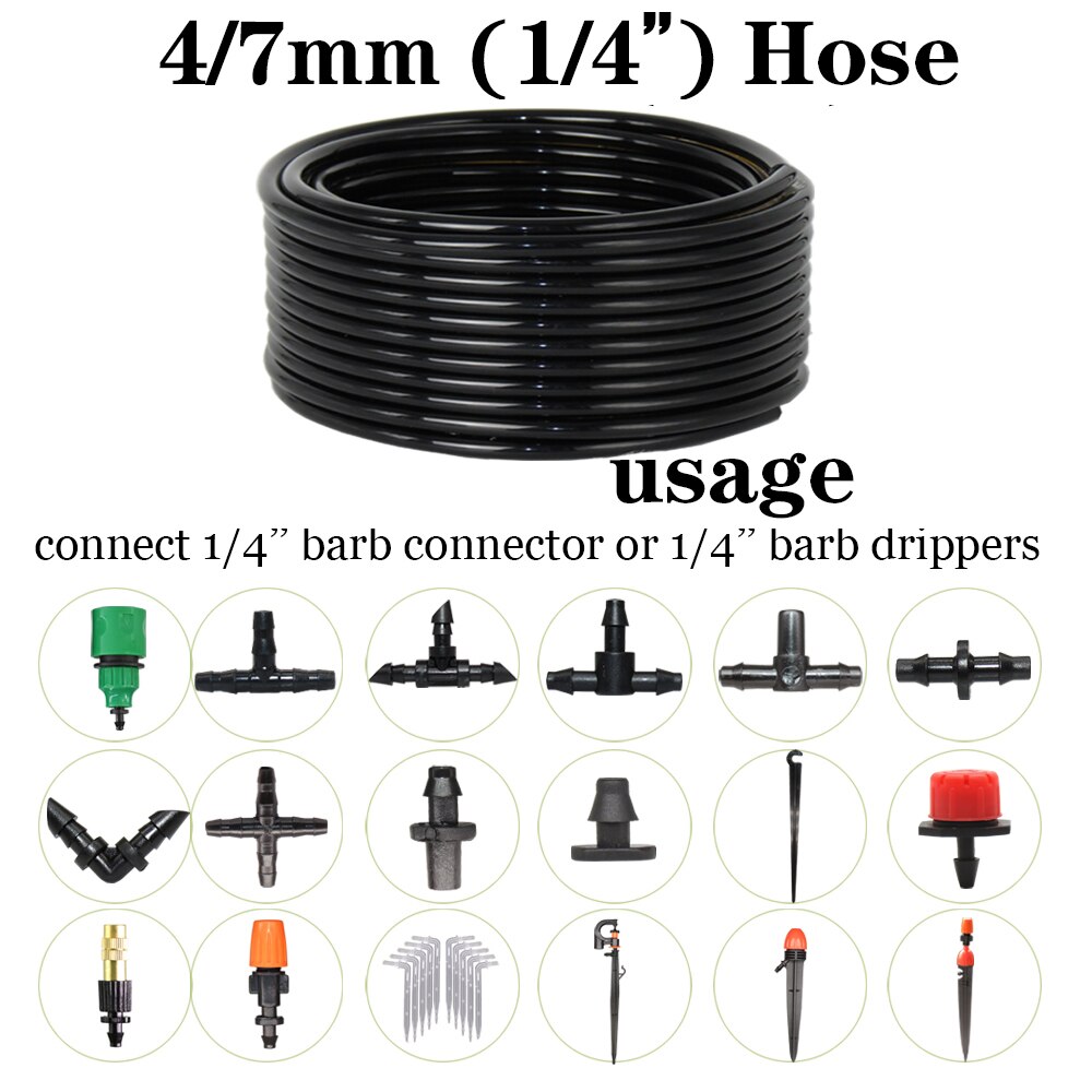 10-100M 4/7mm Garden Watering PVC Hose Pipe Micro Irrigation Tubing Sprinkler w/ 1/2'' &amp; 3/4'' 2-Way Barbed Outlets Connector