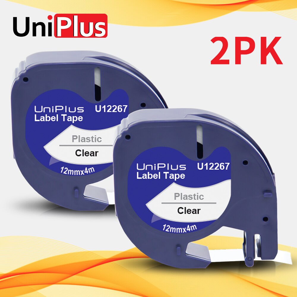 Uniplus 2PK 16952 16951 12267 Zwart Op Doorzichtige Tape Vervangen Dymo Lt Label Tapes 12Mm Plastic Voor Letratag Label printer LT100T 100