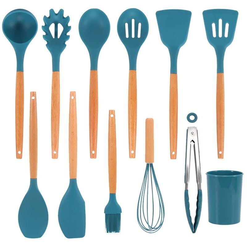Silicone Kitchenware Cooking Utensils Set Non-stick Cookware Spatula Shovel Egg Beaters Wooden Handle Kitchen Cooking Tool Set