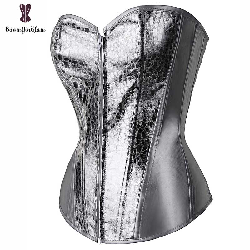 Silver Corset Top Shining Twinkle Faux Leather Overbust Bustier Front Zipper Blink Corselet Elastic Boned Gothic Clubwear Korset