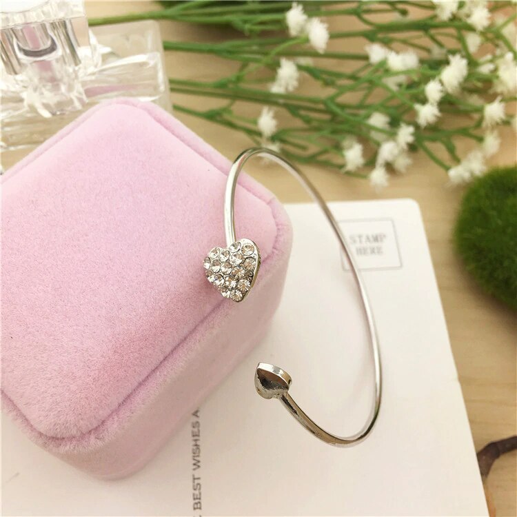 Mode Verstelbare Kristal Dubbele Hart Boog Bilezik Manchet Opening Armband Voor Vrouwen Sieraden Mujer Pulseras 7G: Silver