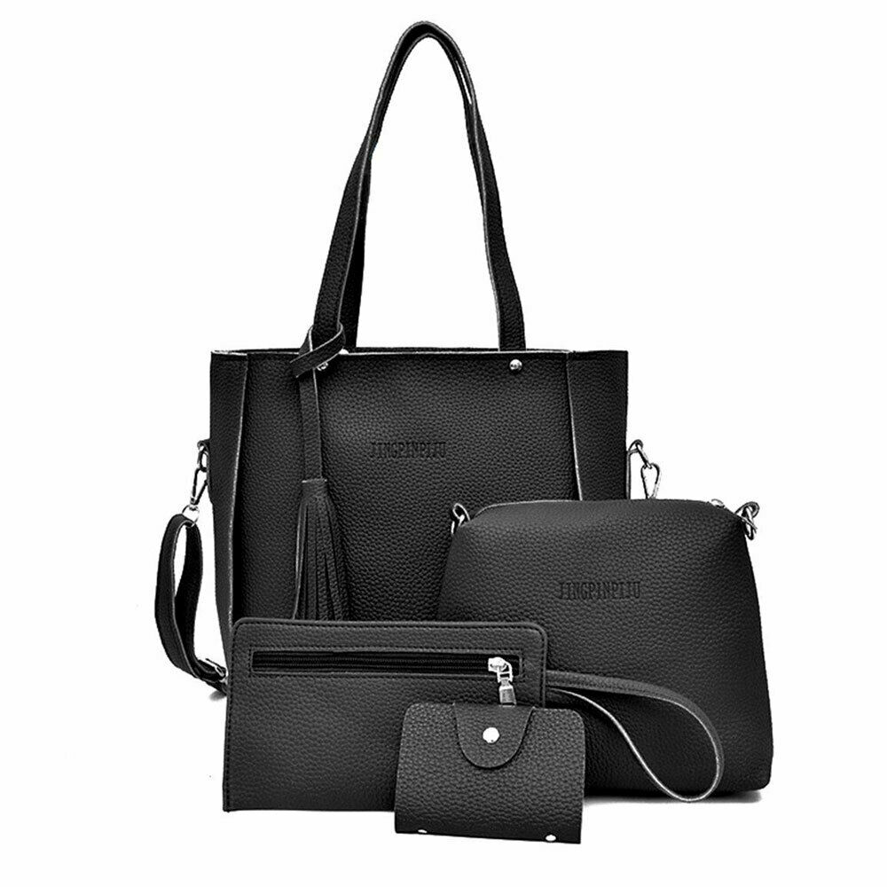 4Pcs Set Women Lychee Pattern Mother-child Four-piece Handbag Messenger Bag Wild Mini Bucket Tassel Single Shoulder: Black