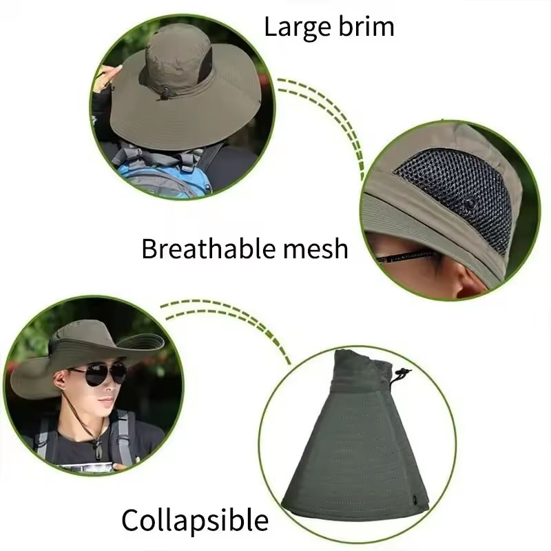 Gorra grande de poliéster de 15cm para el sol, protección UV, gorra de malla transpirable, sombrero de pescador plegable, pesca al aire libre, senderismo, gorras de playa