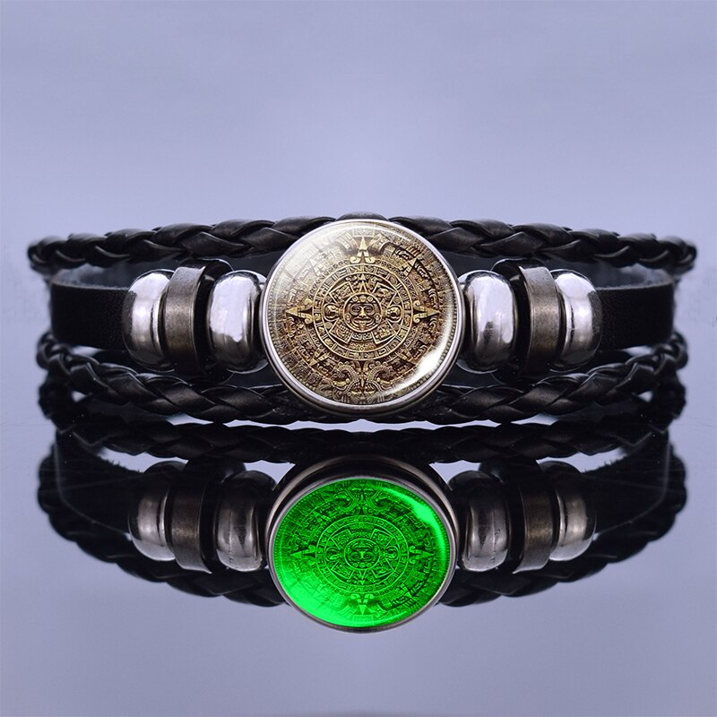 Calendario azteco maya luminoso gioielli Steampunk Cabochon in vetro messicano bracciale intrecciato arte bracciale in pelle nera per donna uomo: stile 1