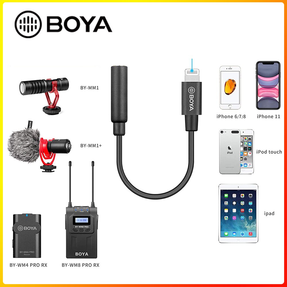 3.5mm Female TRRS Input to Lightning Adapter Cable BOYA by-K3 3.5mm to Apple MFi Certified Male Lightning Cable for iPhone iOS