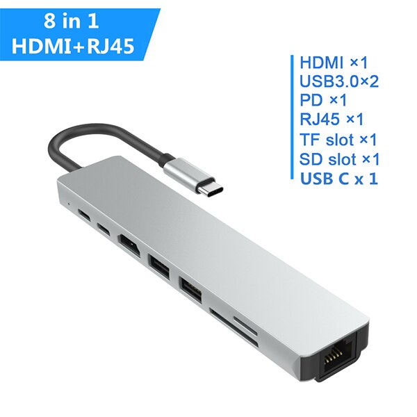Usb hub typ c till hdmi 4k usb 3.0 thunderbolt 3 dockningsadapter pd laddningskort 8 in 1 hub för macbook pro splitter port typ c hub: 8 in 1