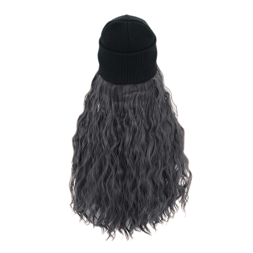 Synthetische Lang Krullend Knit Skiën Winter Hoeden Met Haar Pruik Beanie Bevestigd Hoed Pruik Voor Meisje Hangen Natuurlijke Katoen gemaakt #128: Grijs