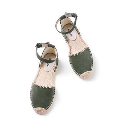 Sandalias de paja de mujer Bohemias de fondo plano de lona salvaje de cáñamo zapatos de pescador suelo femenino nuevos zapatos individuales de gran tamaño: Verde / 10