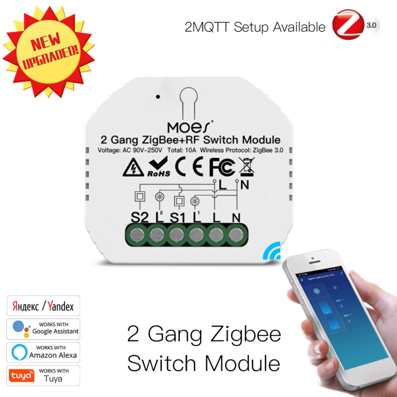 Tuya ZigBee 3.0 Smart Light Switch Relay Module 1/2 Gang Smart Home Automation Modules For Alexa Google Home Yandex Alice: 2 Gang Switch