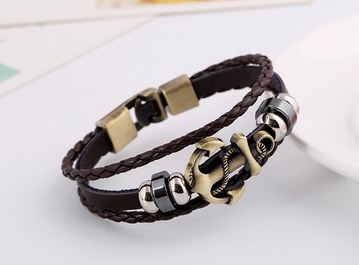 Multilayer Anker Armband Mannen Casual Mode Gevlochten Lederen Armbanden Voor Vrouwen Hout Kralen Armband Punk Rock Mannen Sieraden