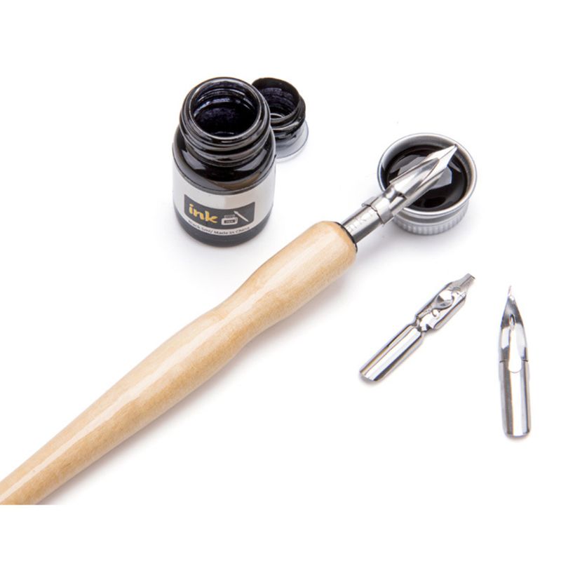 Manga Dip Pen Set Comic Pro Drawing Kit 3 Nibs Wood Holder Ink Calligraphy Tools