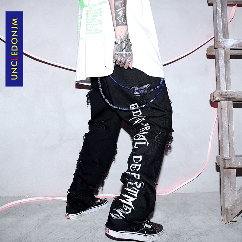 Uncledonjm destroy jeans til mænd gotisk bogstav broderede herre jeans graffiti high street hip-hop mænd tøj bukser  ed947