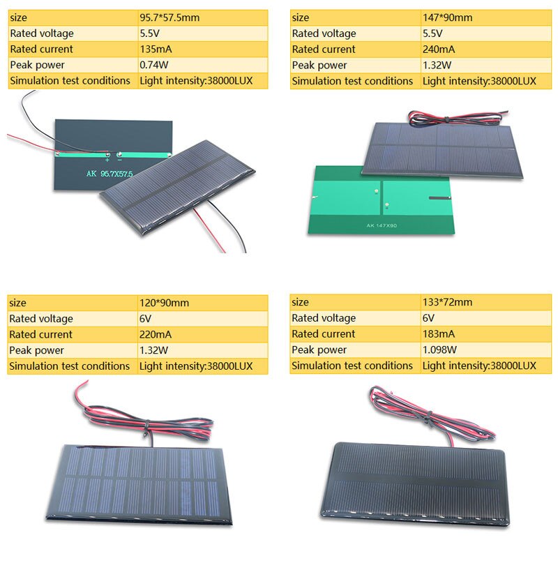 5.5V 6V Min Solar panle 135mA 220mA 240mA 250mA 500mA 550mA For DIY Battery Cell Phone Chargers Portable Solar Cell with Cable
