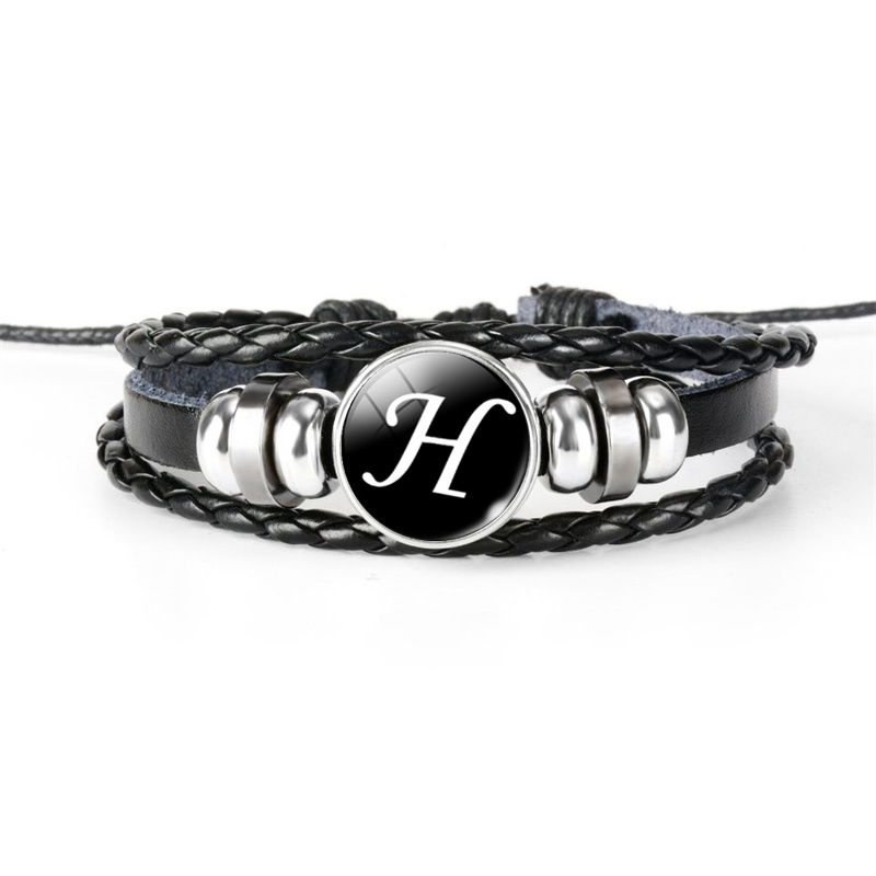 Pulsera de cuero con hebilla de cristal de 26 letras A-Z, nombre de identificación, amistad, pulsera tejida negra ajustable para niños y niñas como familiar: Cobalto violeta