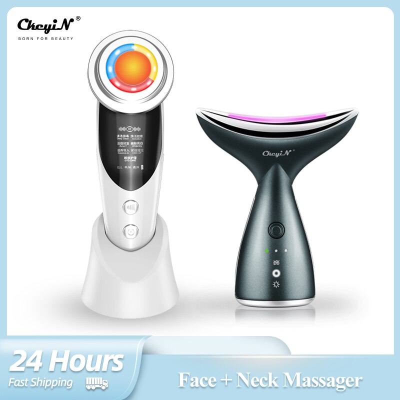 CkeyiN EMS RF LED Photon Therapy Face Lifting Machine + Led Facial Neck Massager Heating Anti Wrinkle Removal Skin Tightening