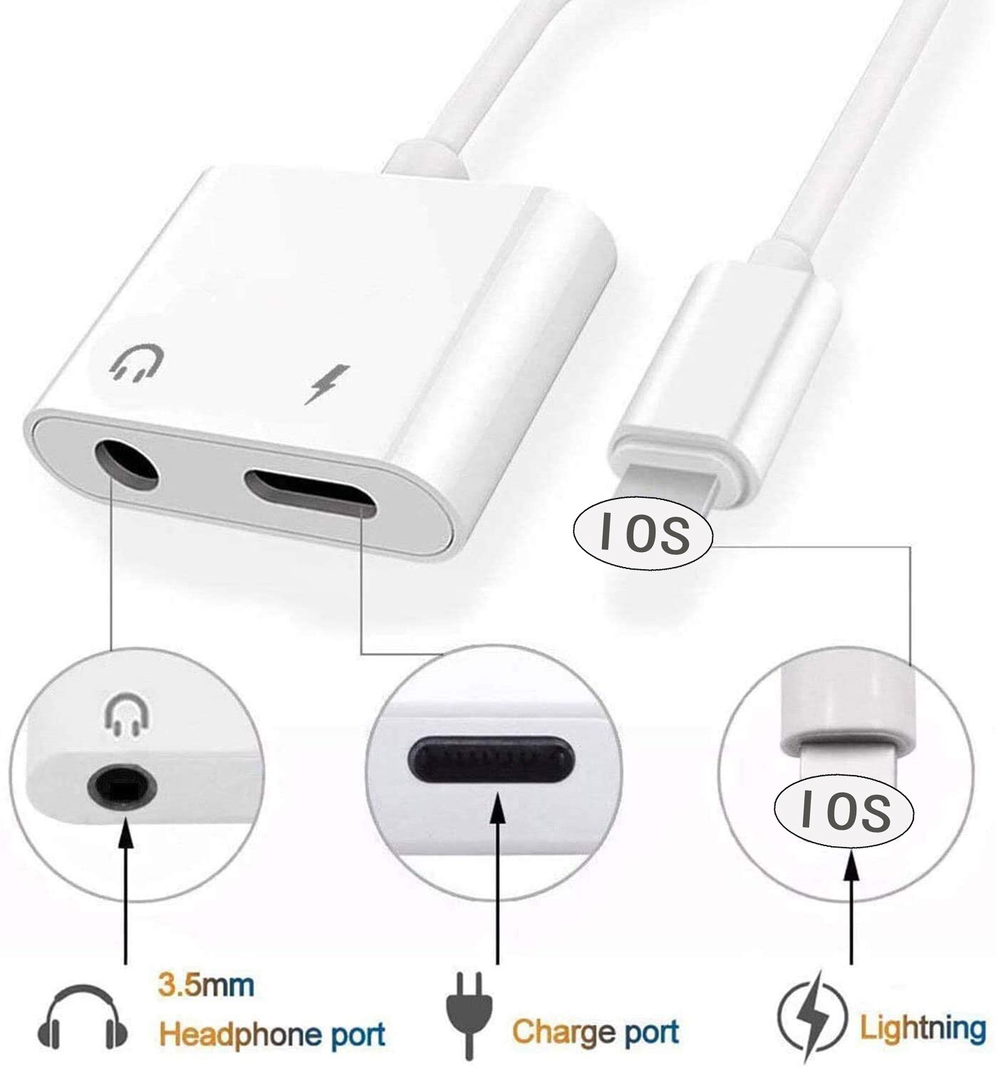 2 in 1 iOS Lightning to 3.5mm Jack Adapter Headphone Charger & Aux Audio Splitter Cable Compatible iPhone Support iOS System