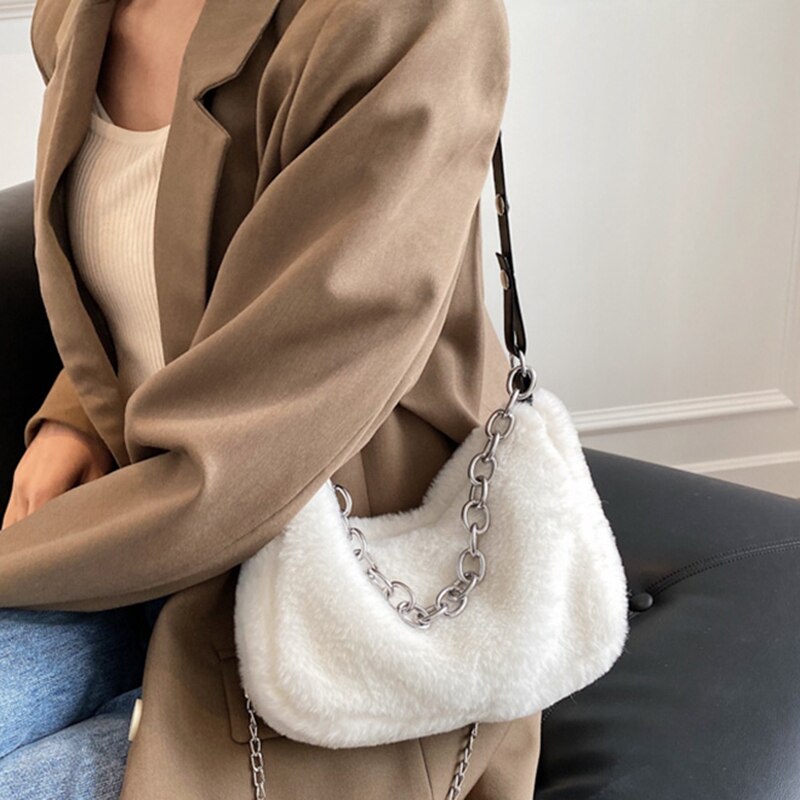 Herfst Winter Schouder Onderarm Tassen Voor Vrouwen Pluche Effen Kleur Messenger Bag Reizen Straat Keten Zakken