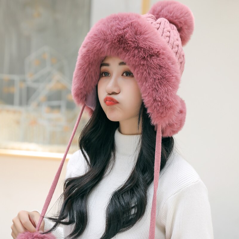 Women's thick hat hairballs a women's winter thick knitted plush hat earmuffs collar soft warm beanie hat scarf: qy01
